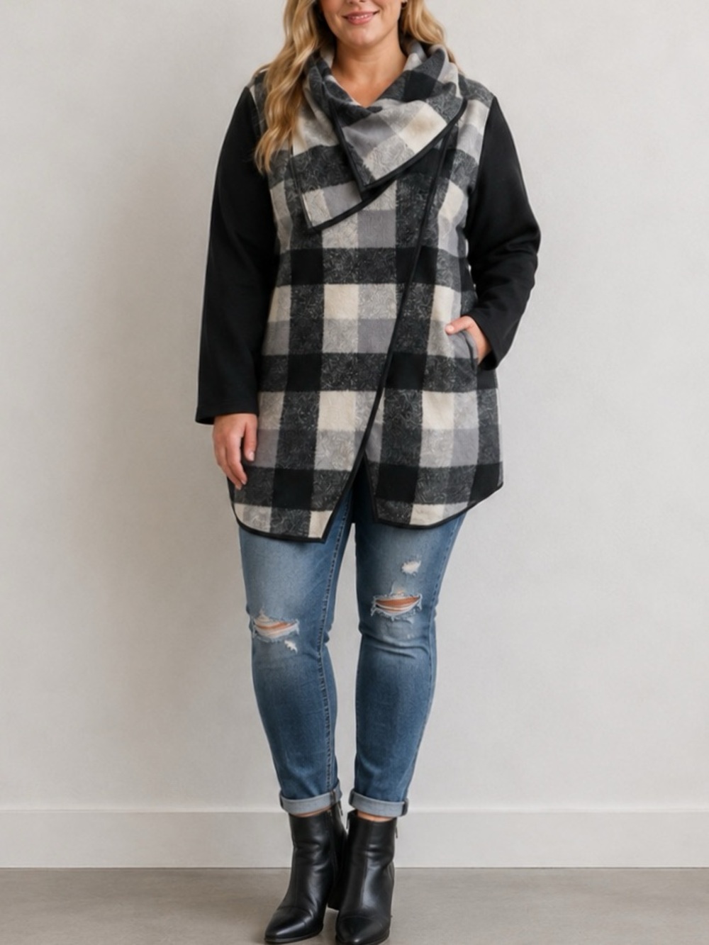 Plaid Fleece Cowl Neck Hooded Jacket Black Gray 1X